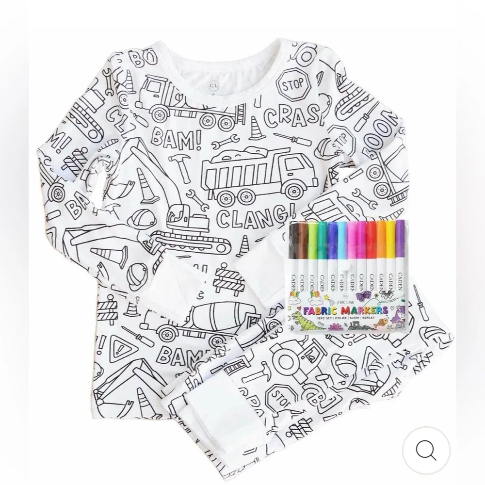 Caden Lane White Construction Doodle Kids Pajama Set (no markers included)